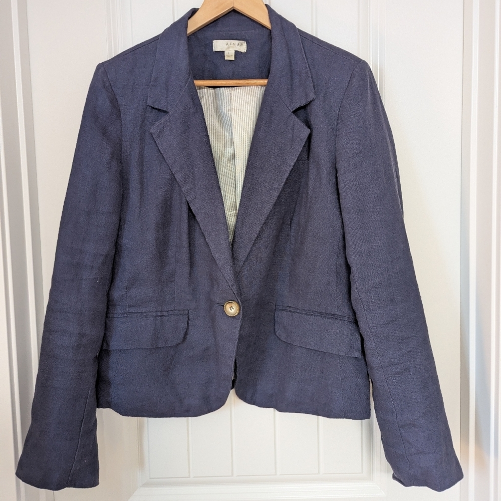 Navy Blue Single-Button 100% Linen Blazer Size Large